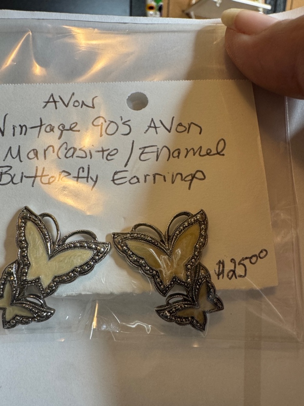 Avon Butterfly Marcasite Enamel Earrings - Cream & Silver-Tone